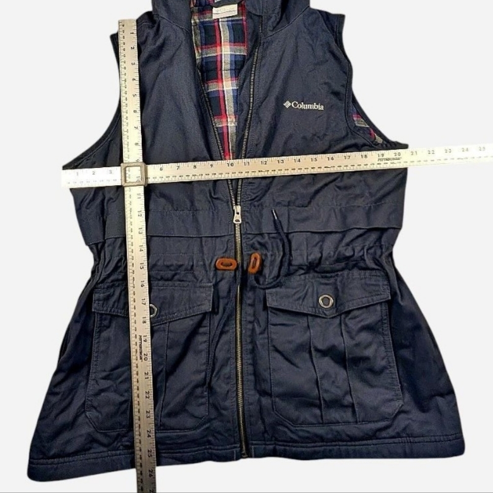Columbia navy blue vest hood and plaid lining waist cinch size L Outdoor Camping - Picture 7 of 7